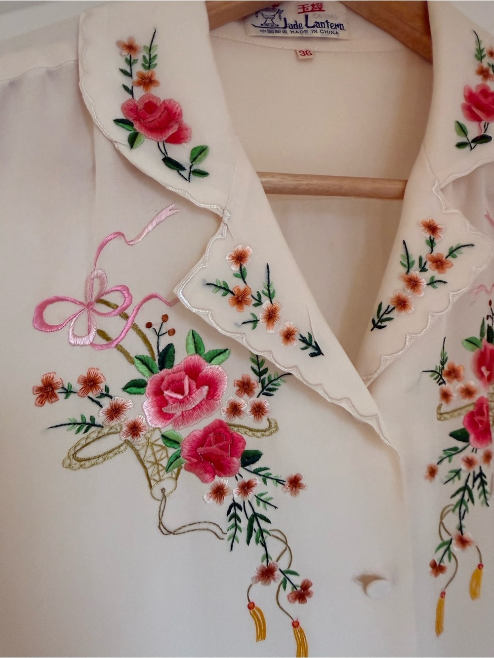Vintage Jade Lantern Pure Silk Embroidered Blouse Floral Sheer Top Cottagecore